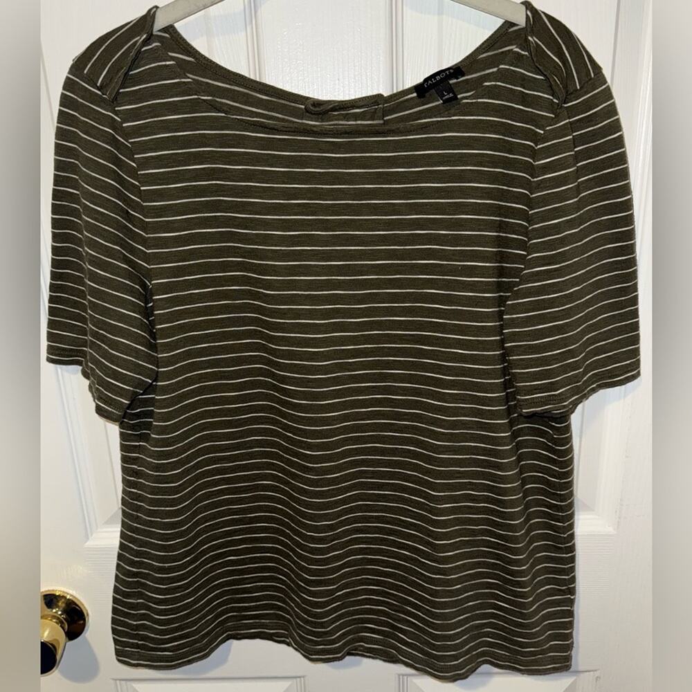 Talbots Green and White Boxy Short Sleeve Tee with Back Tie Size Large